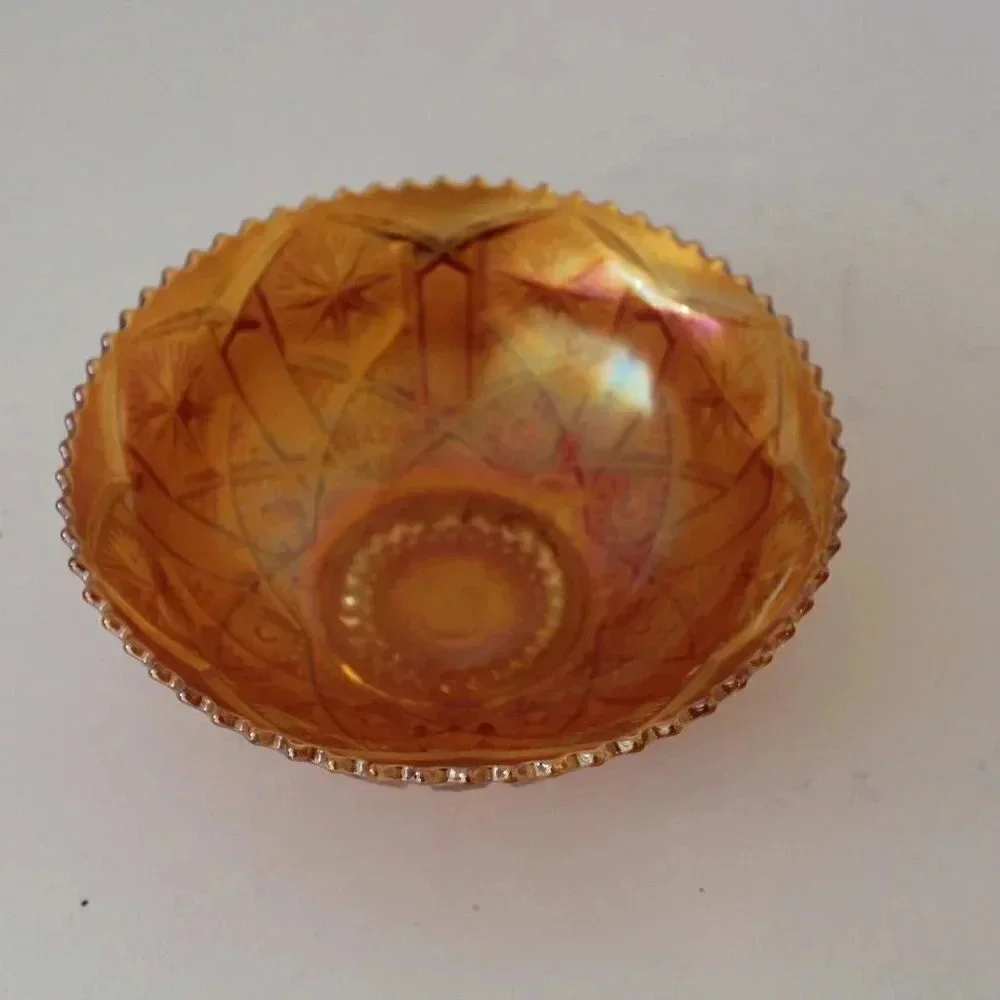 Vintage Antique MCM Orange Carnival Glass Marigold Etched Decorative Food Bowl
